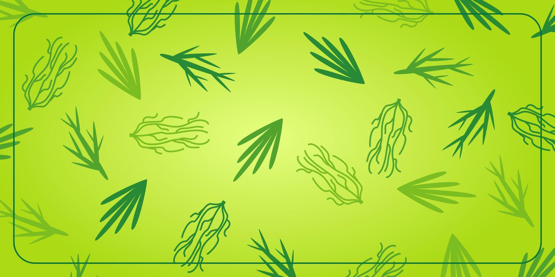 Green background with plant ornament. Template design for banner, greeting card, flyer, brochure, social media. Spring and summer design vector