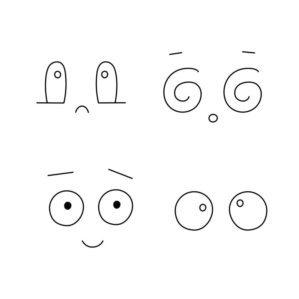 Cute faces set eyes, nose, brows expression simple doodle hand drawn line illustration, anime manga symbol, simple linear icon, kawaii animal muzzle vector