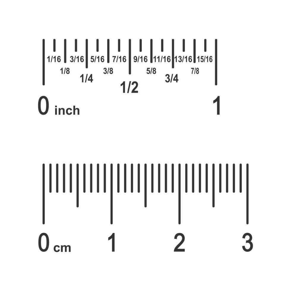 partes de regla escala. pulgada dividido dentro fracciones convertido a centímetros. fragmentos de imperial y métrico sistema medición herramientas. criterio modelo segmentos vector