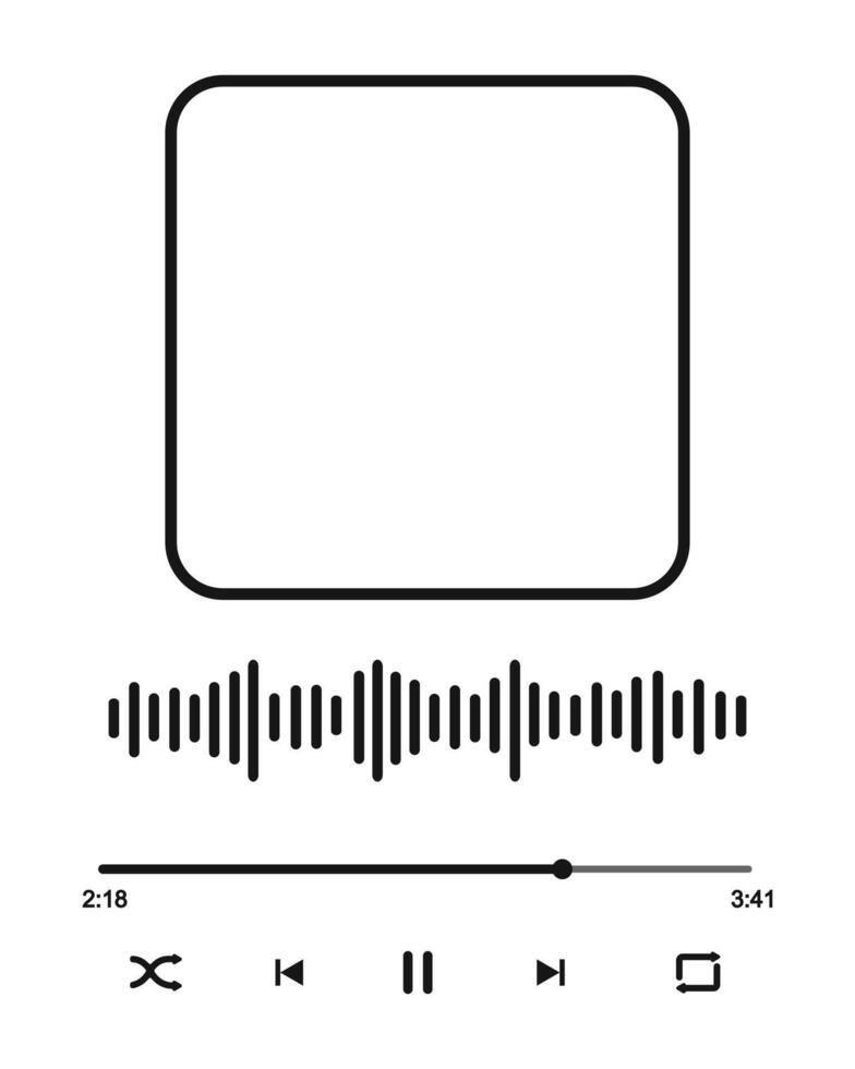 música jugador interfaz con marco para álbum cubrir, sonido ola, canción cargando bar con Temporizador, botones barajar, rebobinar, pausa, rápido adelante, repetir. audio jugador modelo vector