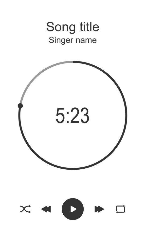 Audioplayer interface with round loading bar, timer, shuffle, rewind, fast forward, play and repeat buttons. Music player playback layout. Song, podcast, stream, radio listening vector