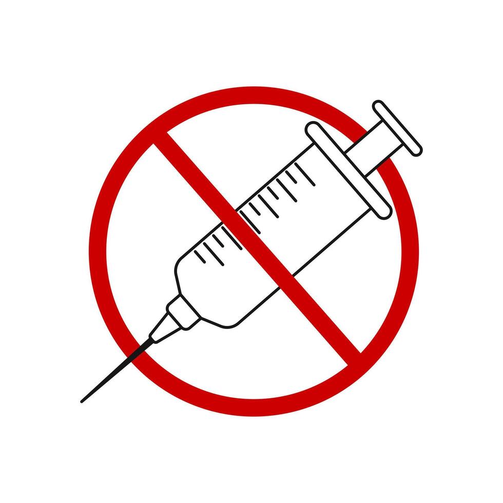 Stop narcotic symbol. Anti vaccination icon. No drugs concept. Syringe crossed by red prohibited sign vector