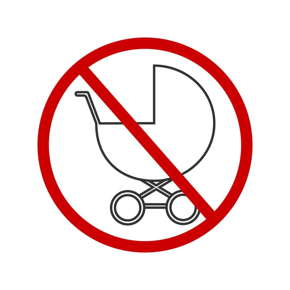 No baby prams icon. Kids prohibited zone sticker for public places. Carriage pictogram crossed by red forbidden sign vector