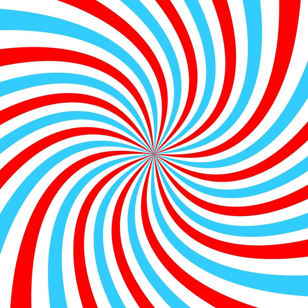 Red and blue radial twisted stipes, vortex effect, pinwheel pattern. Circus, carnival or festival background. Bubble gum, sweet lollipop candy, ice cream texture vector