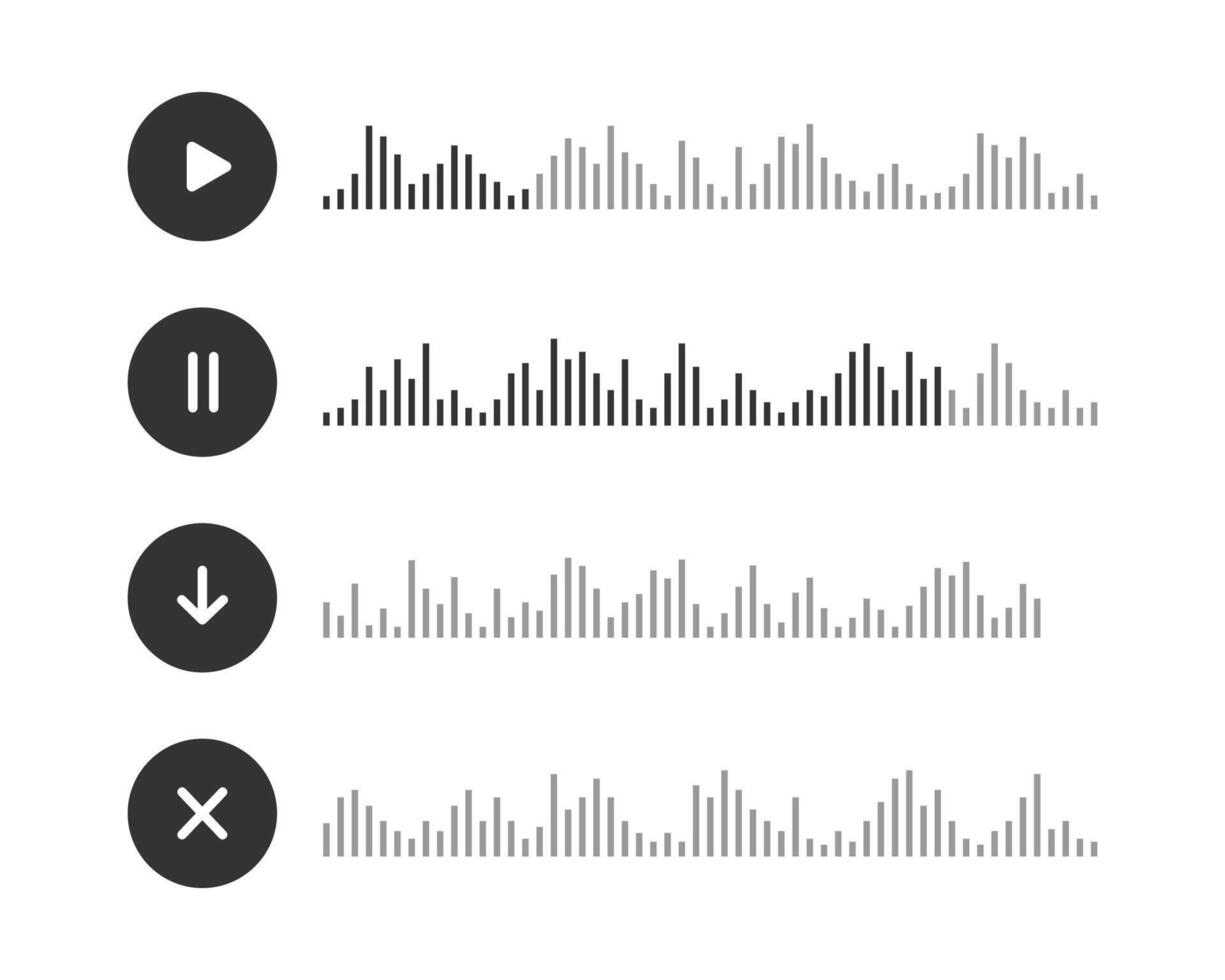 Audio message icons. Voice chat elements with play, pause, downloading, cross buttons and speech waves. Messenger, radio, podcast mobile app interface vector