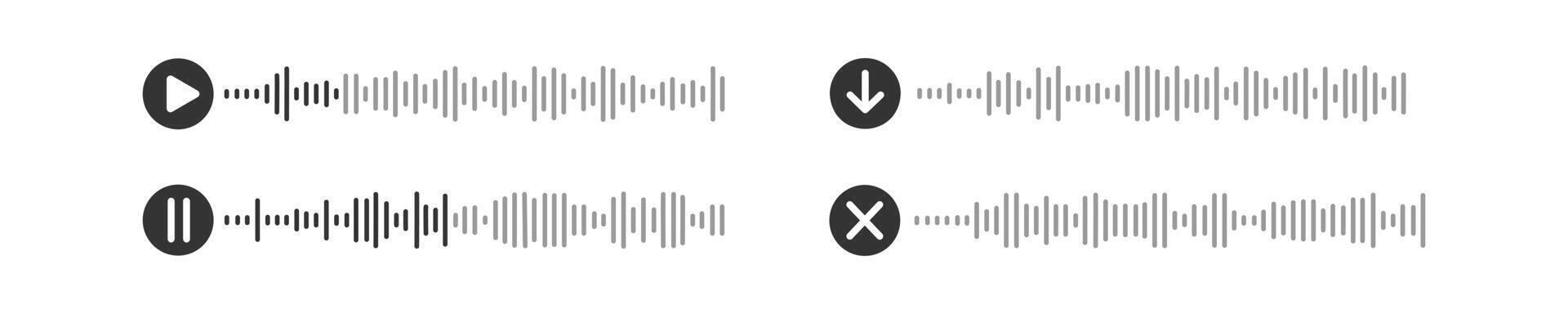 Sound file icons. Voicemail pictograms. Audio chat elements with play, pause, download buttons and speech waves. Messenger mobile app interface vector