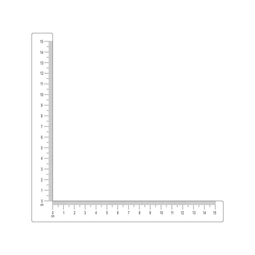 15 centimetres corner ruler. Measuring tool with vertical and horizontal lines with cm and mm markup and numbers vector