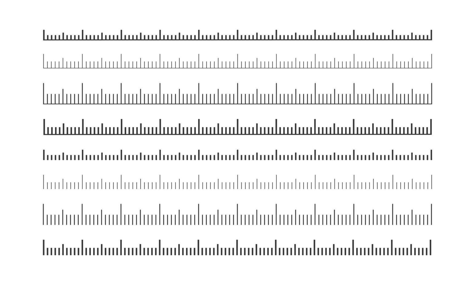 conjunto de gobernante, cinta o termómetro escamas. horizontal medición gráfico con margen. distancia, altura o longitud medición de matemáticas, de coser, meteorológico herramienta plantillas vector