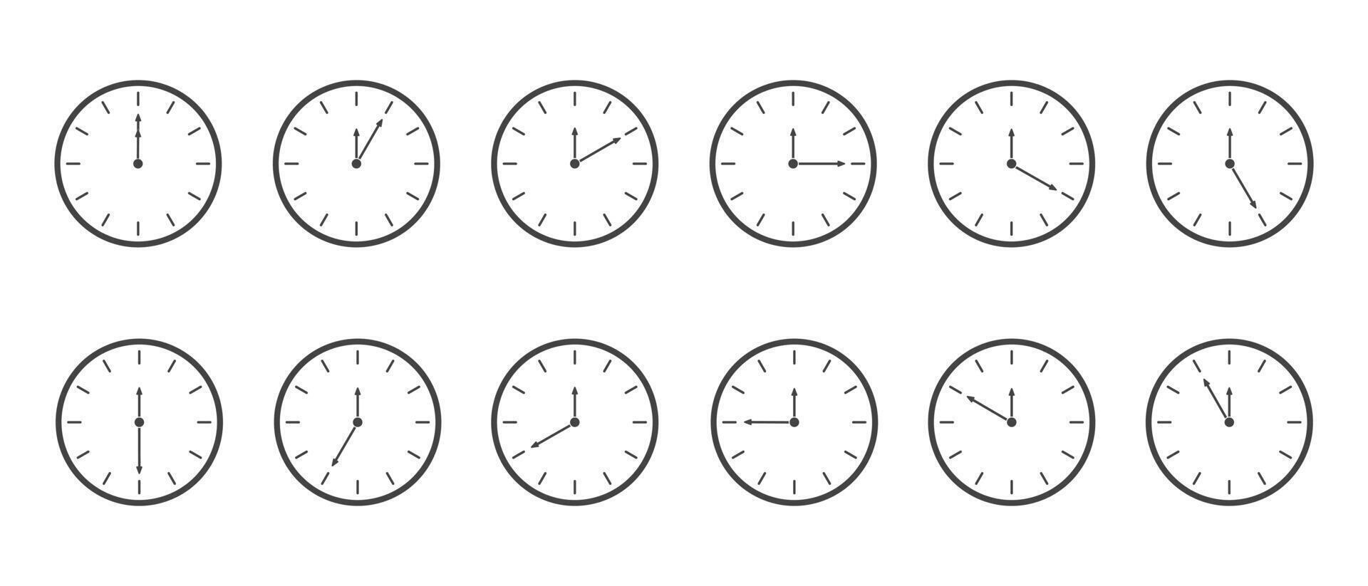 Countdown timer or stopwatch icons set. Clocks with different minute time intervals isolated on white background. Infographic for cooking or sport game vector