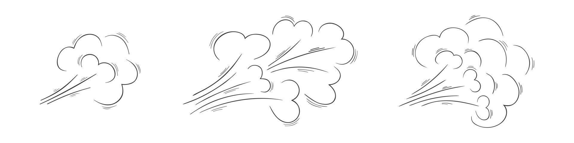 Air flow or wind blow doodle sketchtes. Swirl, gust, smoke, dust effect hand drawn icons vector