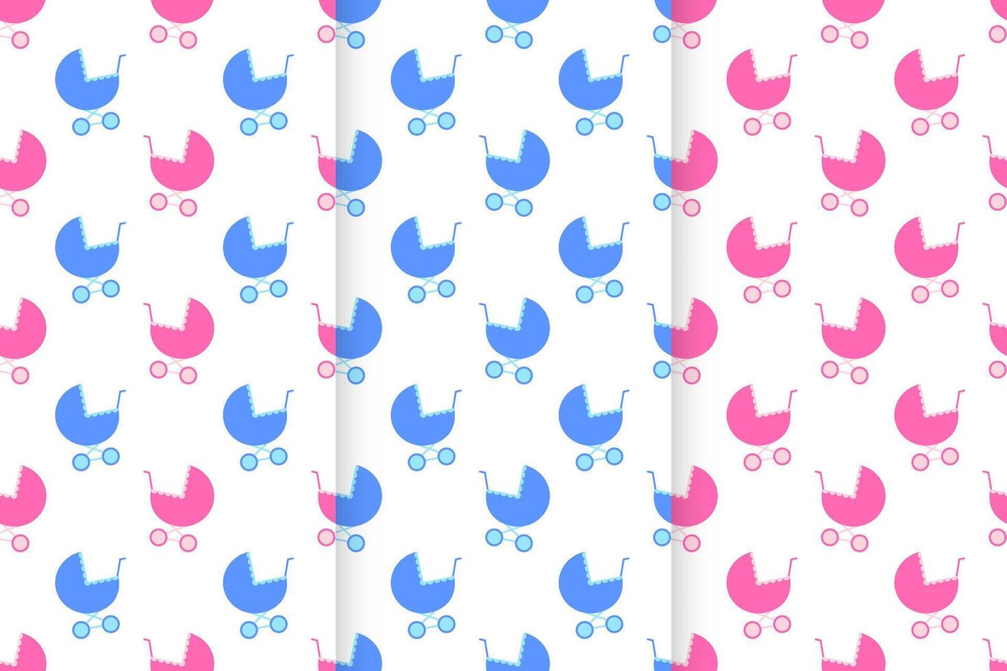 Set of seamless patterns with baby prams. Pink and blue strollers background for scrapbooking or wrapping paper, bedcloth fabric design vector