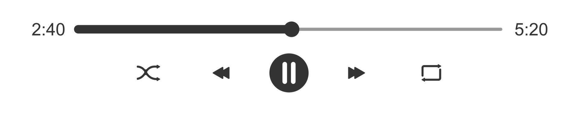 Audio player progress loading bar with time slider. Pause, shuffle, repeat, rewind and fast forward buttons. Template of mediaplayer playback panel interface vector
