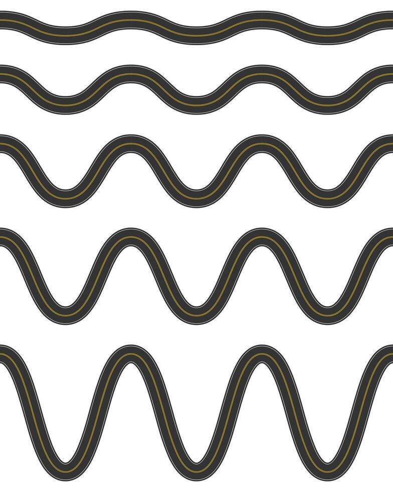 Set of empty winding roads with marking. Top aerial view. Seamless highway template. Element of city or countryside roadway vector