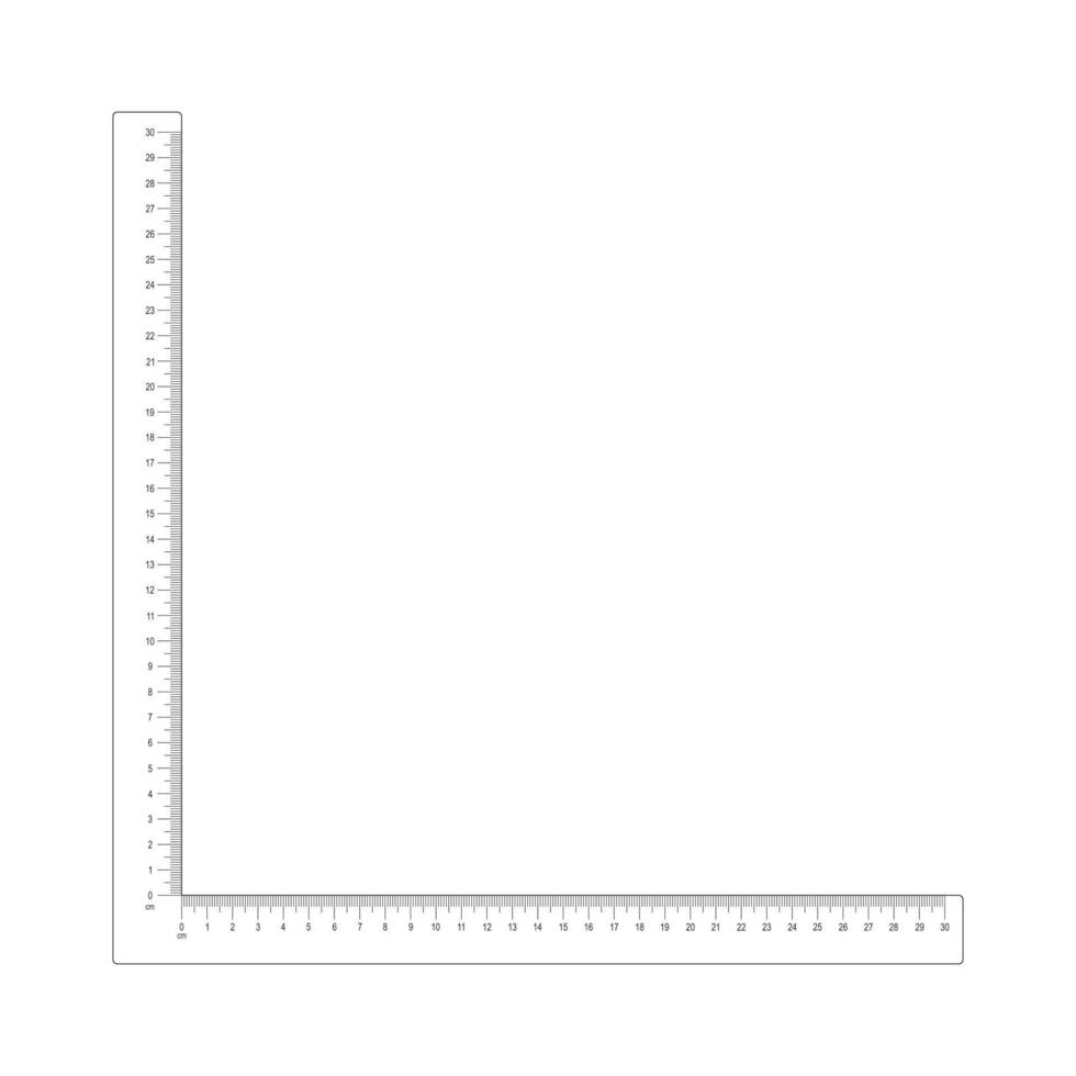 30 cm corner ruler template. Measuring tool with vertical and horizontal scales with centimeters and millimeters markup and numbers vector