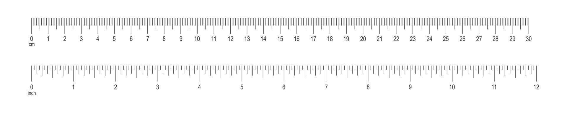 Horizontal scale with 12 inch and 30 centimeter markup and numbers. Measuring charts of metric and imperial unit. Distance, height or length measurement tool templates vector