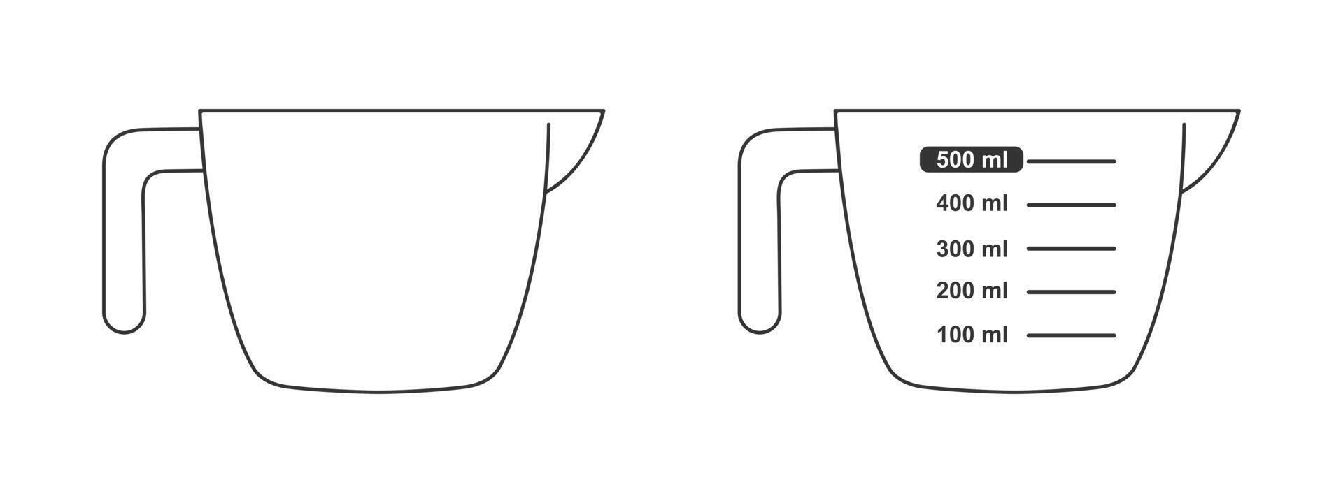 Measuring cups blank and with 500 ml volume graphic scale. Half liter liquid container for cooking vector