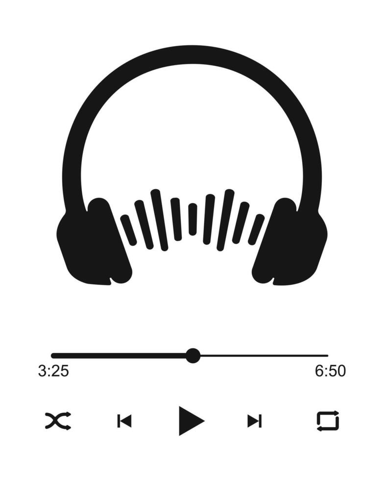 Audio player interface with headphones sign, sound wave, loading bar and buttons play, shuffle, rewinf, fast forward and repeat. Online radio, podcast, broadcast concept vector