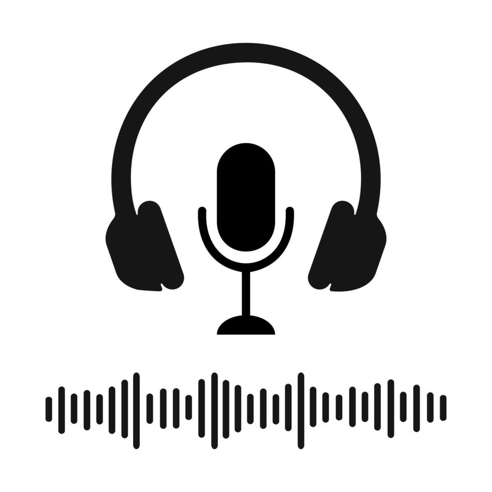 Headphones, microphone and sound wave icons. Online radio, concert, song recording, streaming, podcast, broadcast pictogram vector