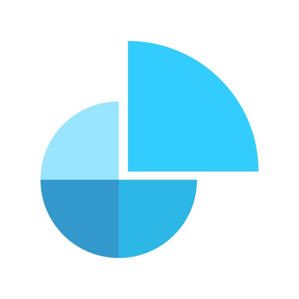 Donut chart divided in 4 monochrome blue sections. Round diagram with one separated fragment. Infographic wheel icon. Circle shape cut in four equal parts vector