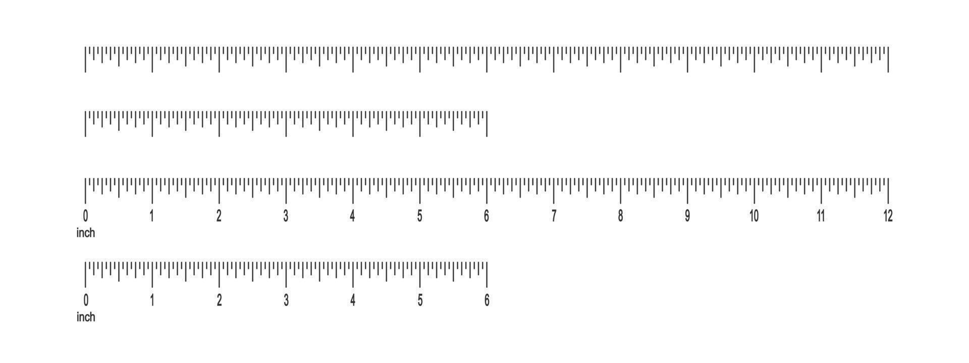 6 and 12 inch ruler scale with and without numbers. 1 foot measuring chart with markup. Distance, height or length measurement math or sewing tool vector