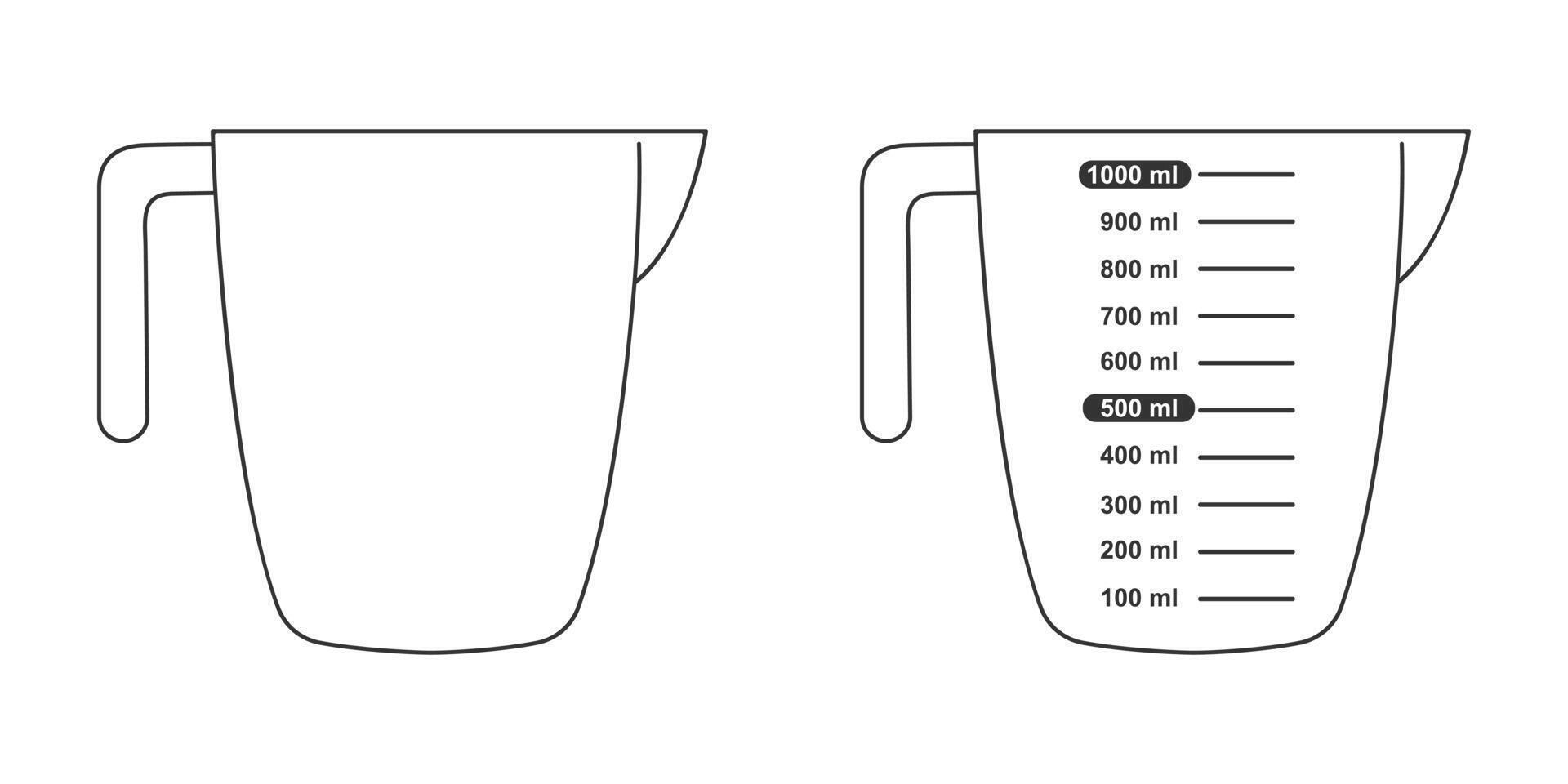 1 liter volume measuring cups with and without capacity scale. Liquid containers for cooking vector