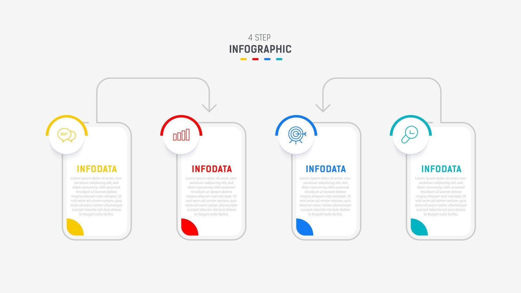 cuatro paso infografía elemento diseño modelo para presentación. proceso diagrama y presentaciones paso, flujo de trabajo disposición, bandera, fluir cuadro, informacion gráfico ilustración. vector