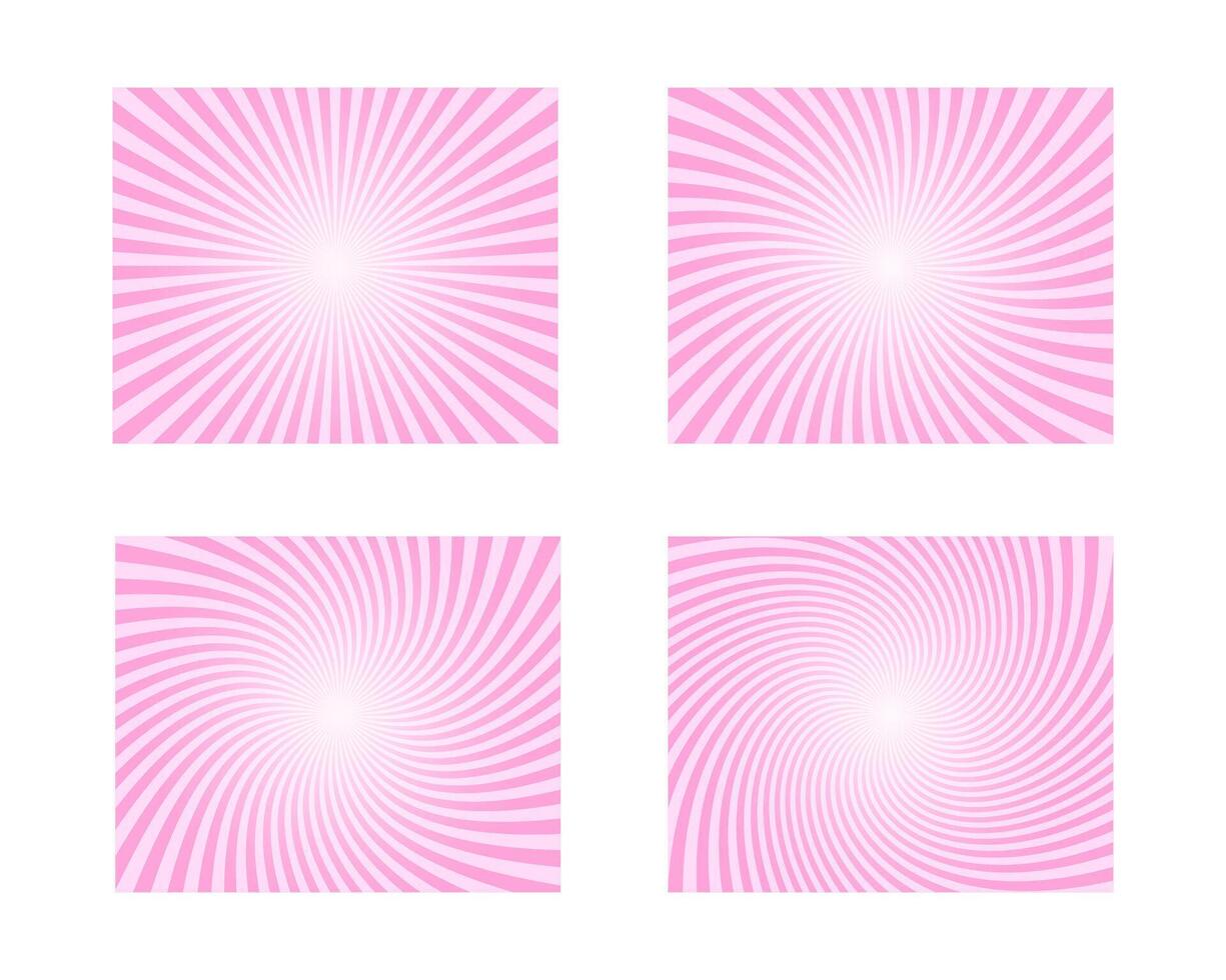 Set of pink circus backgrounds. Rosy sunsets, radial twisted stipes, pinwheel pattern. Strawberry bubble gum, sweet lollipop candy, ice cream texture vector
