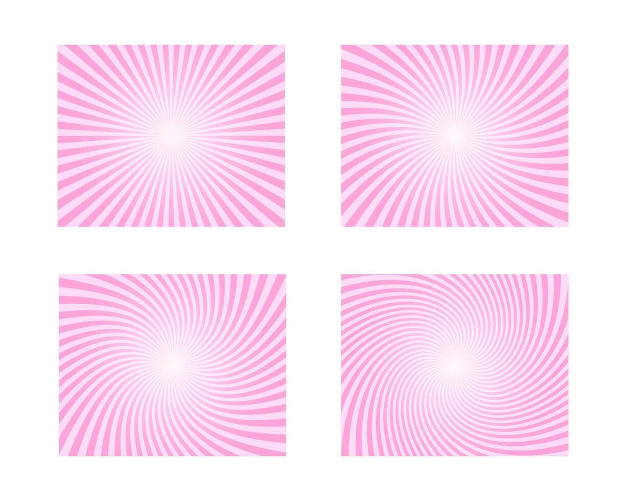 Set of pink circus backgrounds. Rosy sunsets, radial twisted stipes, pinwheel pattern. Strawberry bubble gum, sweet lollipop candy, ice cream texture vector