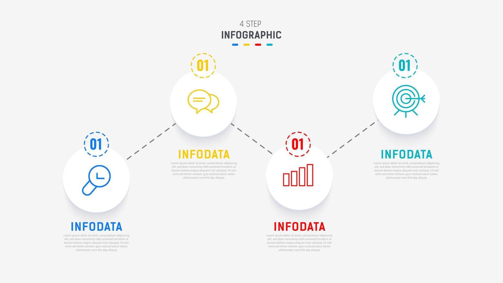 cuatro paso infografía elemento diseño modelo para presentación. proceso diagrama y presentaciones paso, flujo de trabajo disposición, bandera, fluir cuadro, informacion gráfico ilustración. vector