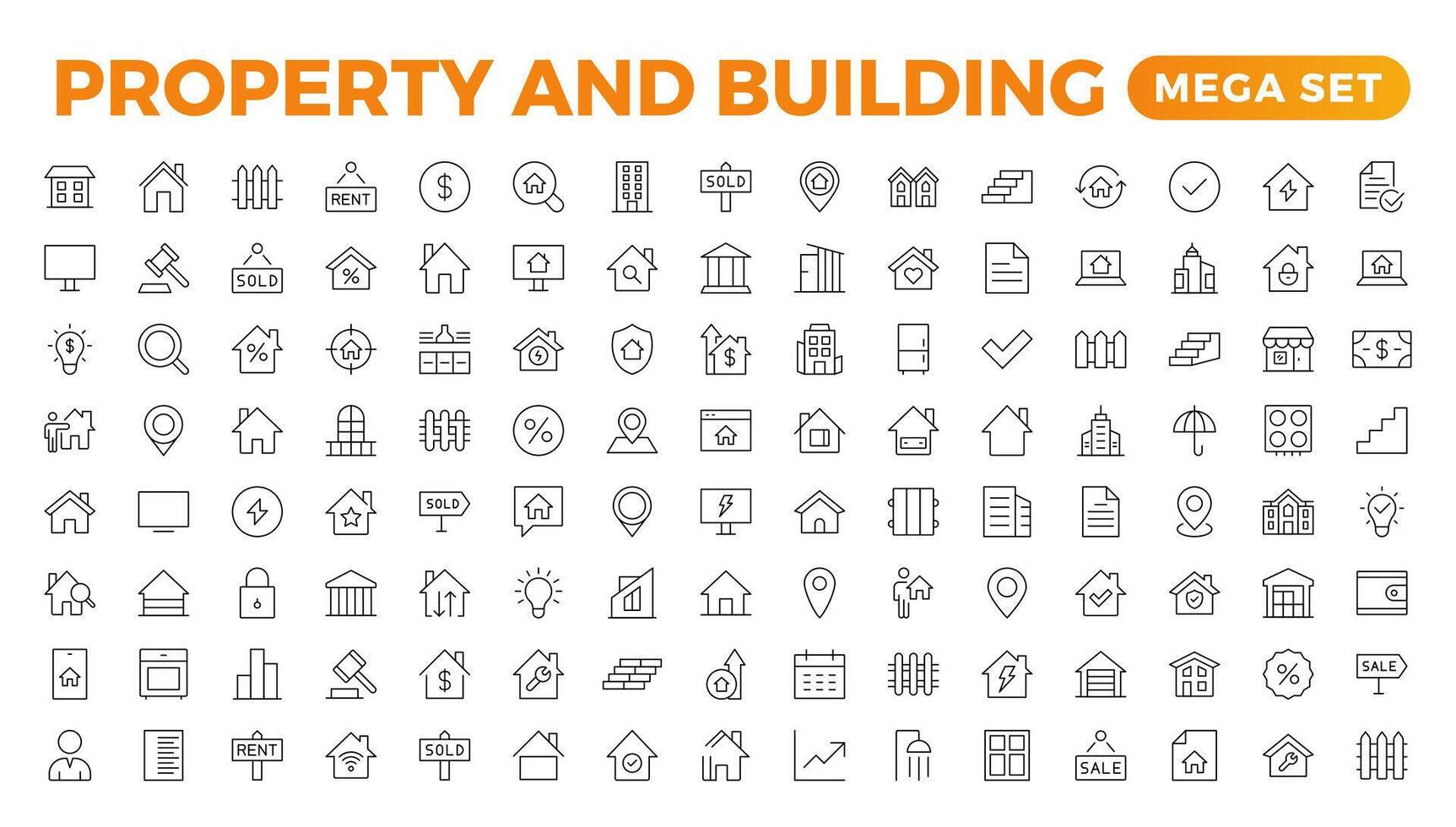 Set of line icons related to real estate, property, buying, renting, house, home. Outline icon collection. illustration. Real estate Big UI set in a flat design. Thin outline pack. vector