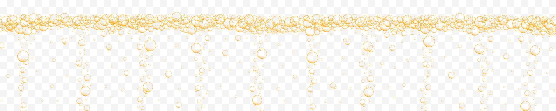 Golden air bubbles stream on transparent background. Sparkling fizzy drink, seltzer, champagne, prosecco, carbonated water, beer, soda, lemonade texture vector