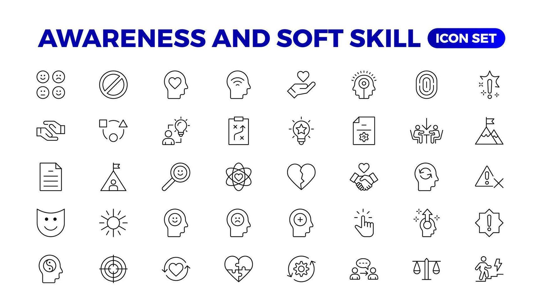 Set of self awareness icons. Thin linear style icons Pack. Illustration. Volunteering set. Outline set volunteering icon. Soft skills icon Containing communication, empathy, assertiveness. vector