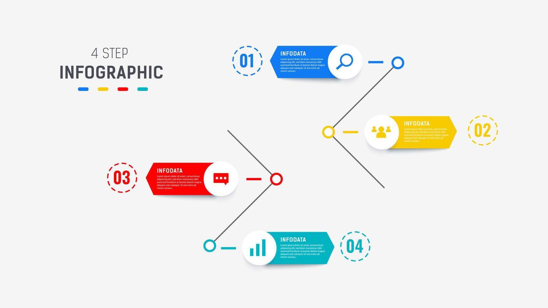 cuatro paso infografía elemento diseño modelo para presentación. proceso diagrama y presentaciones paso, flujo de trabajo disposición, bandera, fluir cuadro, informacion gráfico ilustración. vector