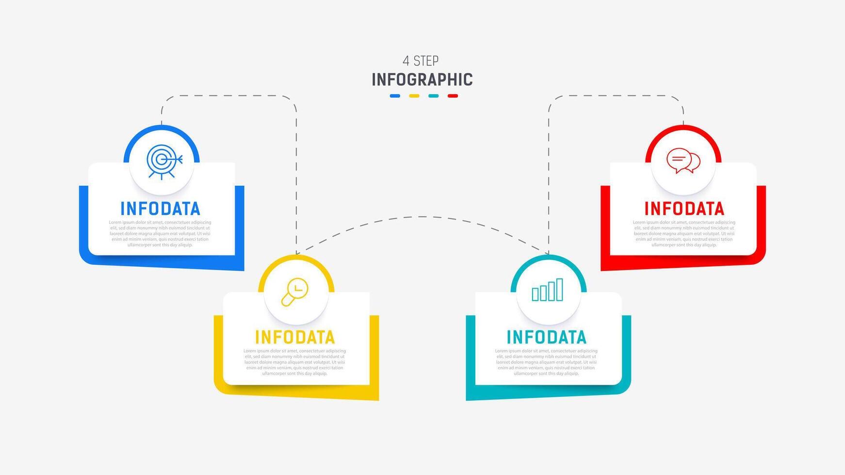 cuatro paso infografía elemento diseño modelo para presentación. proceso diagrama y presentaciones paso, flujo de trabajo disposición, bandera, fluir cuadro, informacion gráfico ilustración. vector