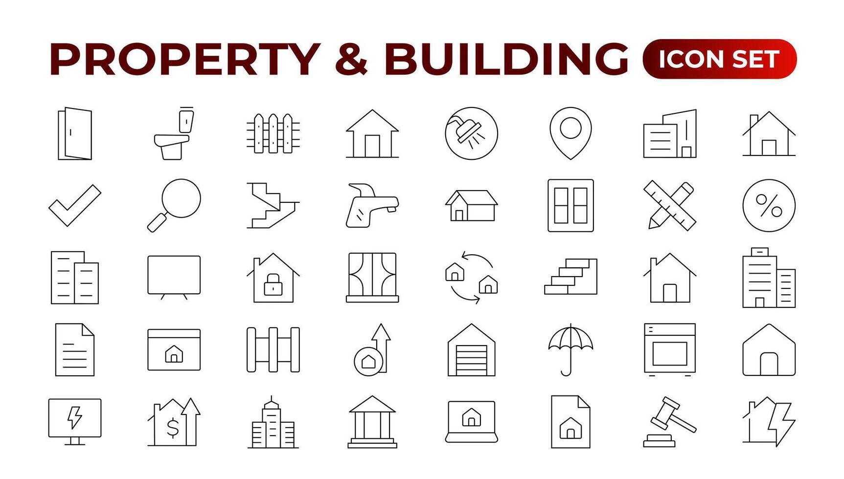 Set of line icons related to real estate, property, buying, renting, house, home. Outline icon collection. illustration. Real estate Big UI set in a flat design. Thin outline pack. vector