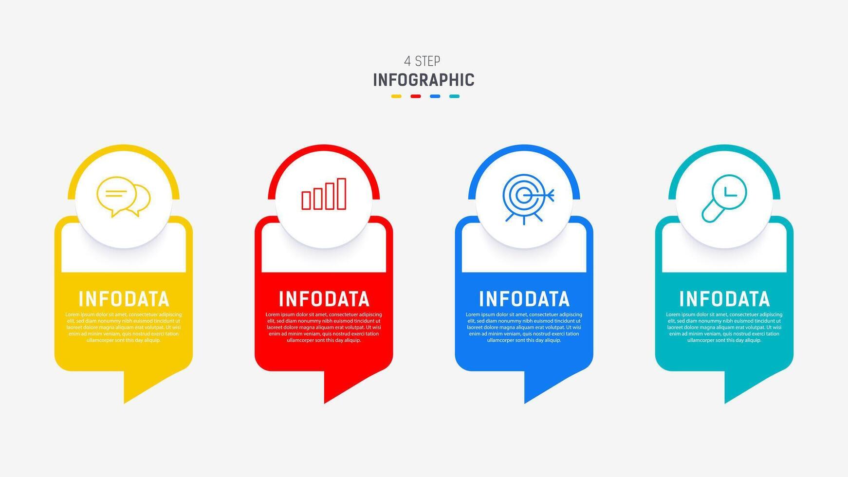 cuatro paso infografía elemento diseño modelo para presentación. proceso diagrama y presentaciones paso, flujo de trabajo disposición, bandera, fluir cuadro, informacion gráfico ilustración. vector