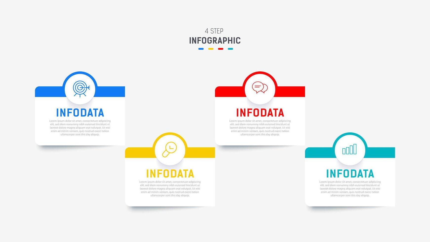 cuatro paso infografía elemento diseño modelo para presentación. proceso diagrama y presentaciones paso, flujo de trabajo disposición, bandera, fluir cuadro, informacion gráfico ilustración. vector