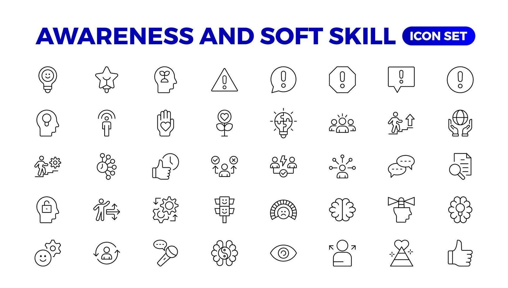 Set of self awareness icons. Thin linear style icons Pack. Illustration. Volunteering set. Outline set volunteering icon. Soft skills icon Containing communication, empathy, assertiveness. vector