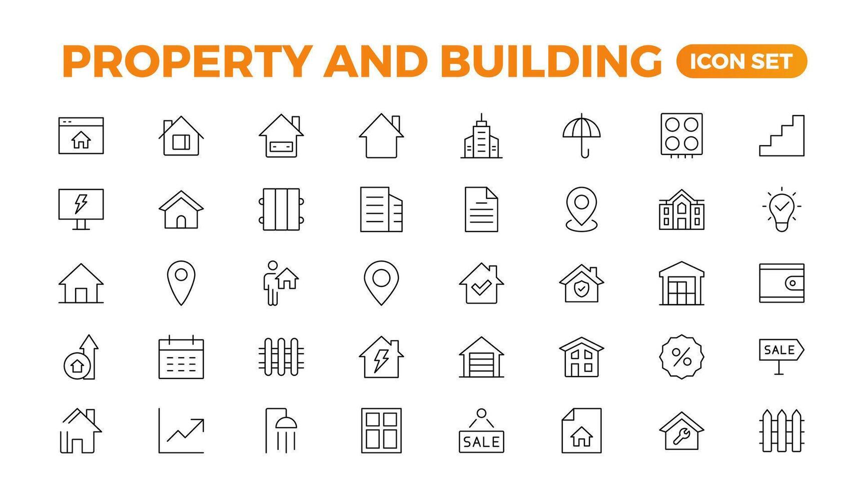 Set of line icons related to real estate, property, buying, renting, house, home. Outline icon collection. illustration. Real estate Big UI set in a flat design. Thin outline pack. vector