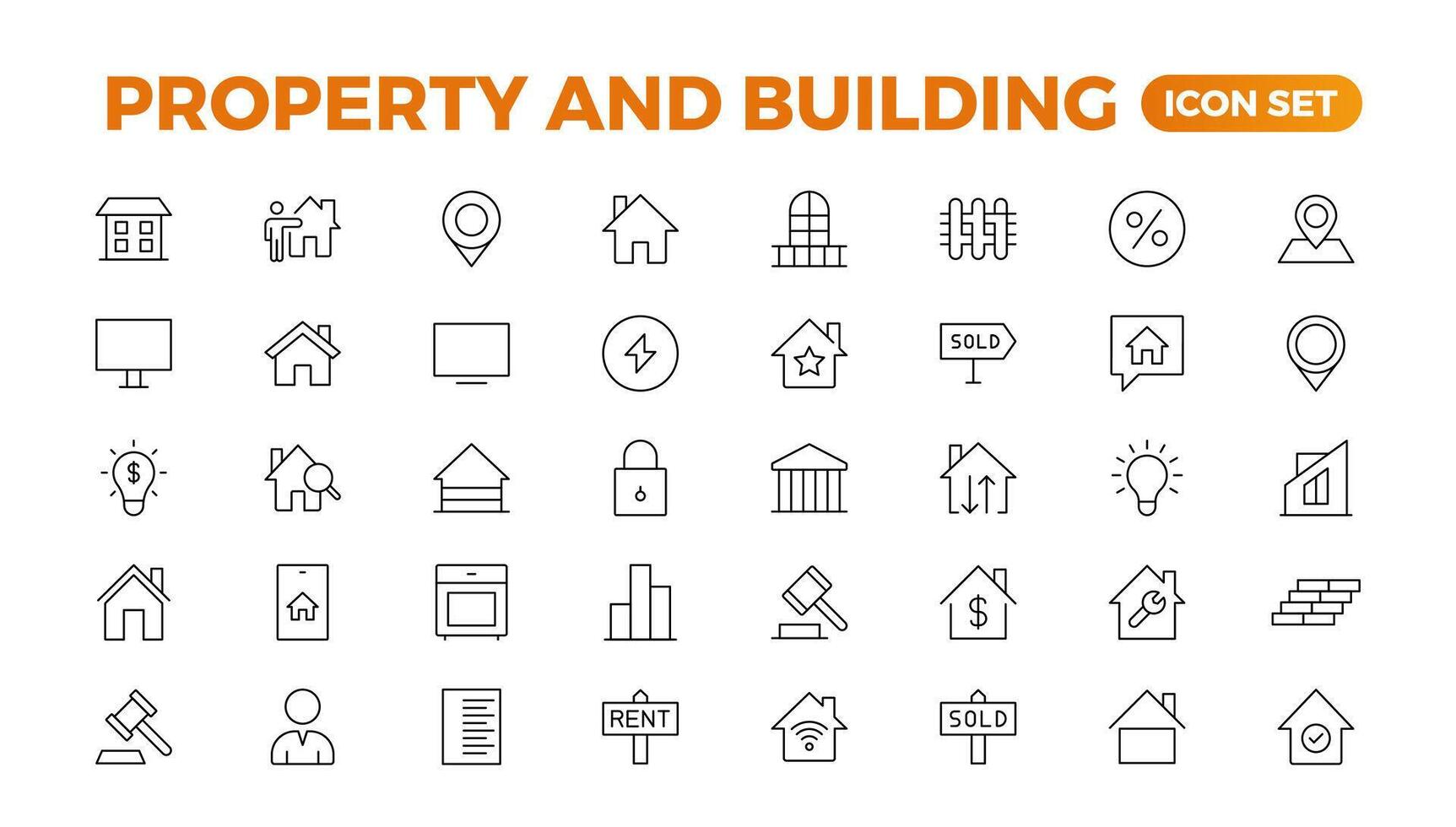 Set of line icons related to real estate, property, buying, renting, house, home. Outline icon collection. illustration. Real estate Big UI set in a flat design. Thin outline pack. vector