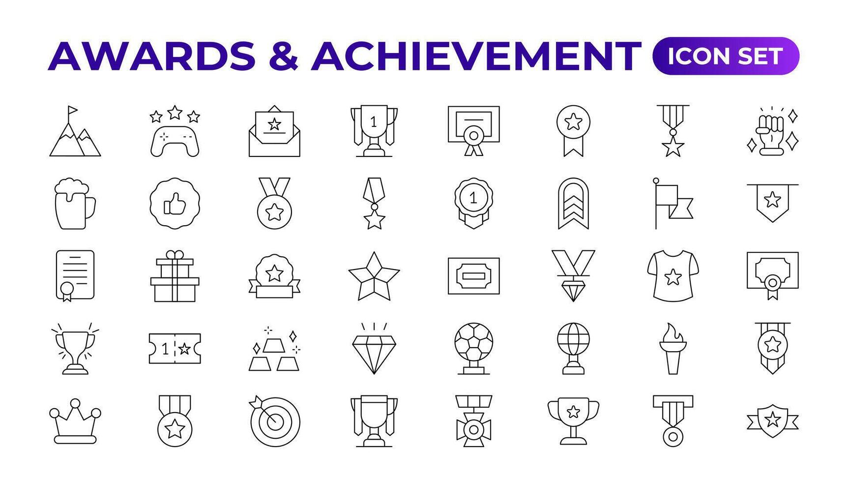 Reward icon set. Success icon, Contains icons prize, trophy, winner, gift, bonus card illustration.Set of Winner medal, cup and Laurel wreath award icons. Award line Reward, Certificate. vector