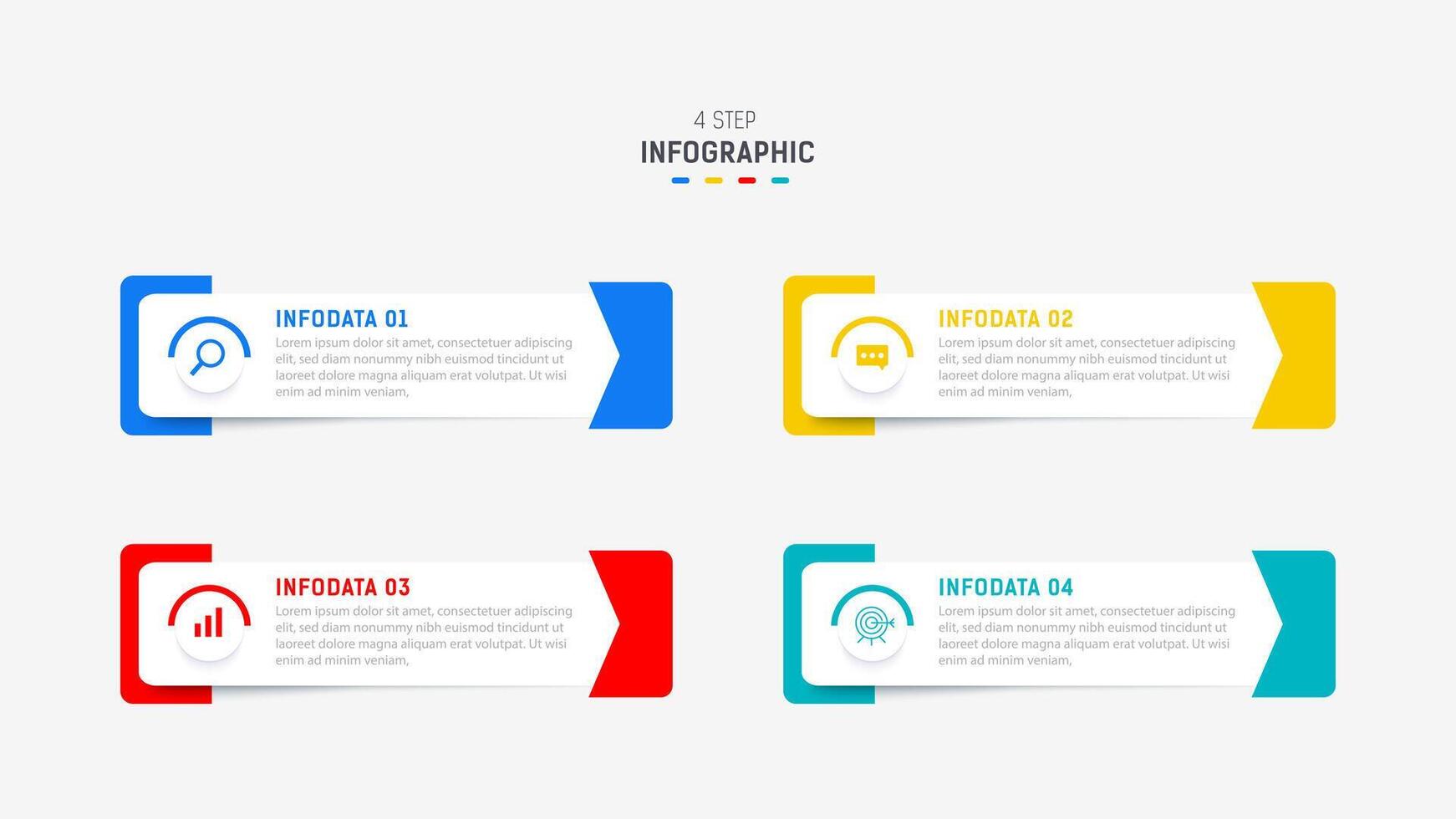 cuatro paso infografía elemento diseño modelo para presentación. proceso diagrama y presentaciones paso, flujo de trabajo disposición, bandera, fluir cuadro, informacion gráfico ilustración. vector