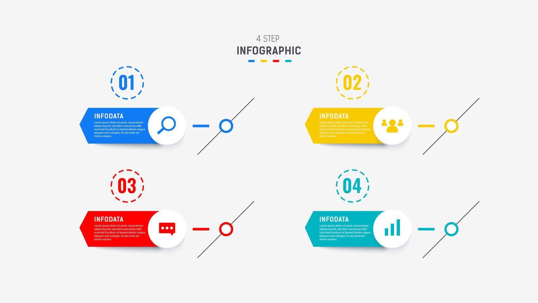 cuatro paso infografía elemento diseño modelo para presentación. proceso diagrama y presentaciones paso, flujo de trabajo disposición, bandera, fluir cuadro, informacion gráfico ilustración. vector