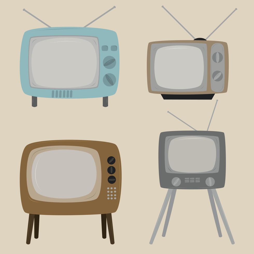 Set with Retro 1960s vintage television isolated on beige background illustration. vector