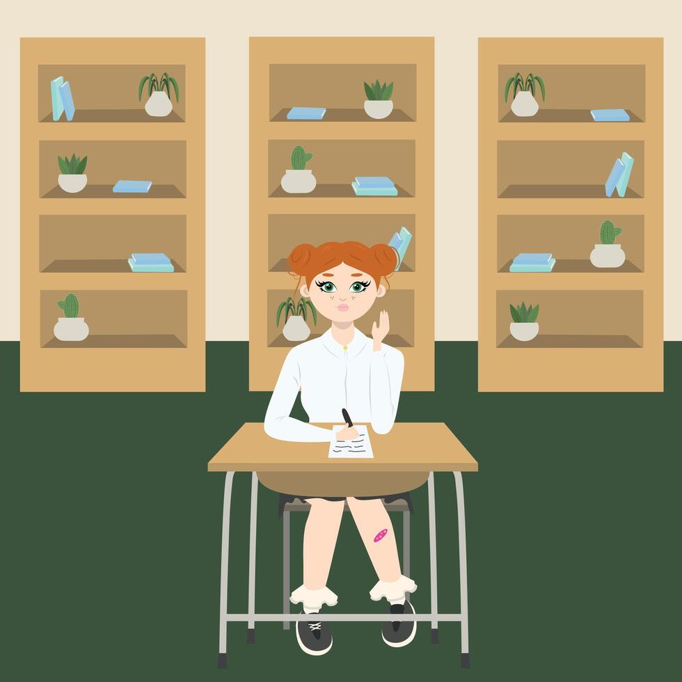 Cute girl with red hair sitting at a school desk in school class with 3 wardrobes with books. Back to school edition. Flat vector