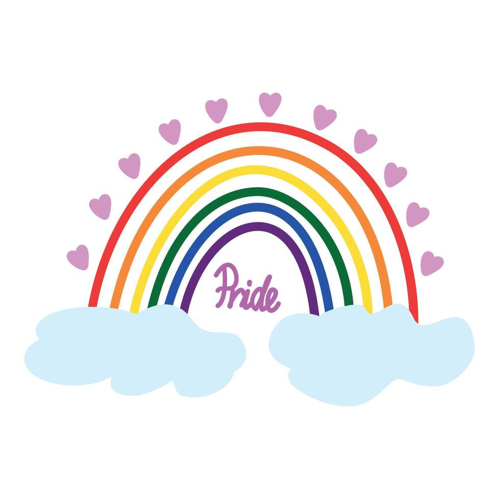 vistoso arco iris con nubes y pequeño corazones. mano letras rosado. concepto mes orgullo, lgbtq vector