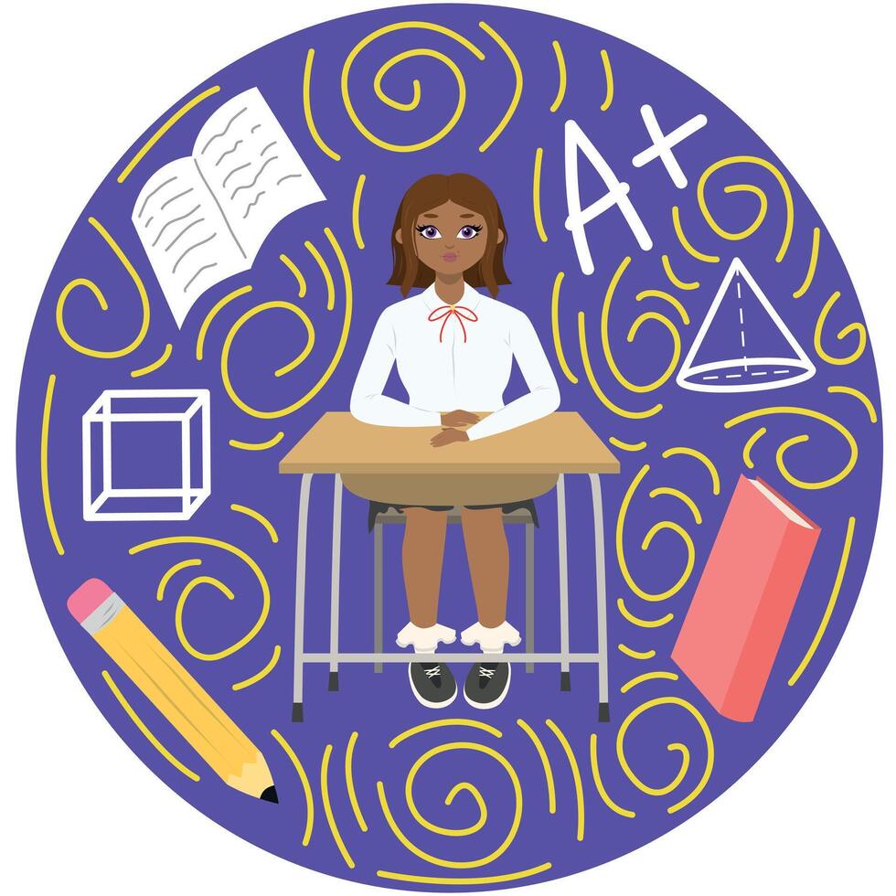 Cute girl with brown hair sitting at a school desk, near mark book pencil cube, on purpl circle. Back to school edition. Flat vector