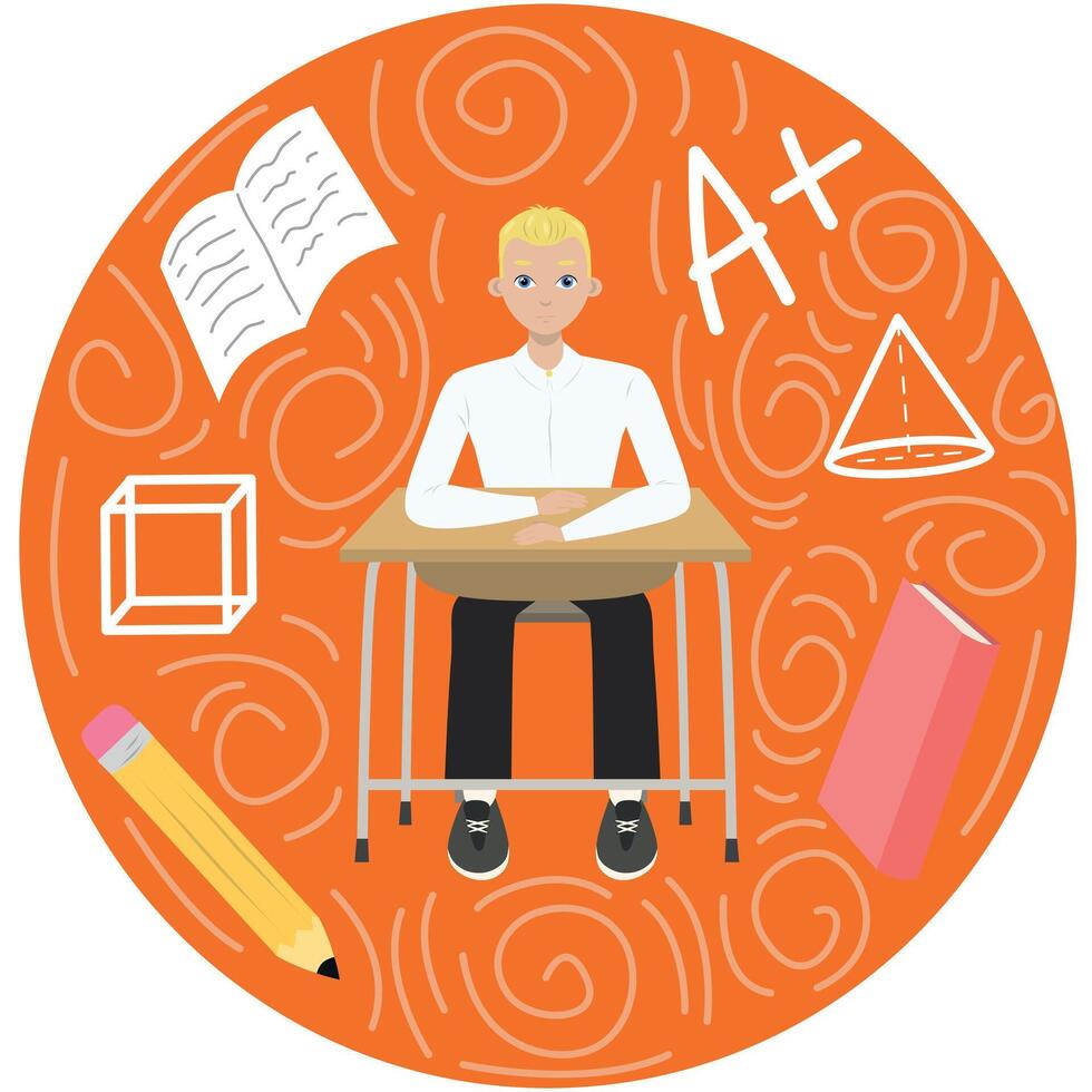 Cute boy with blonde hair sitting at a school desk, near mark book pencil cube, on orange circle. Back to school edition. Flat vector