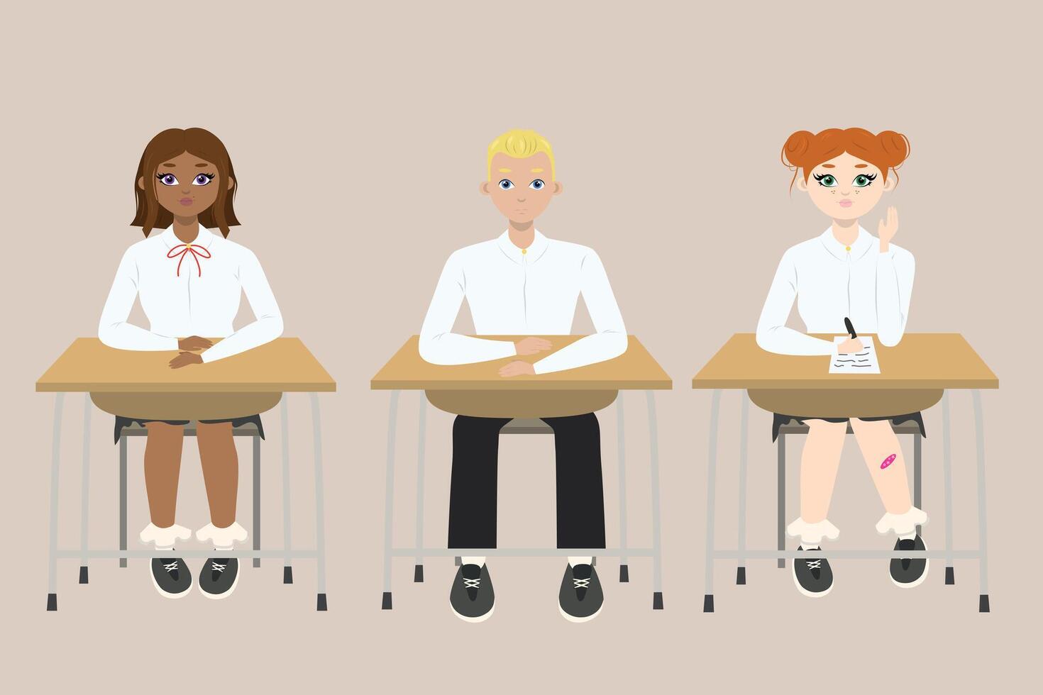 Set with two Cute girls with red and brown hair sitting at a school desk in school class with a boy w blonde hair. Back to school edition. Flat vector