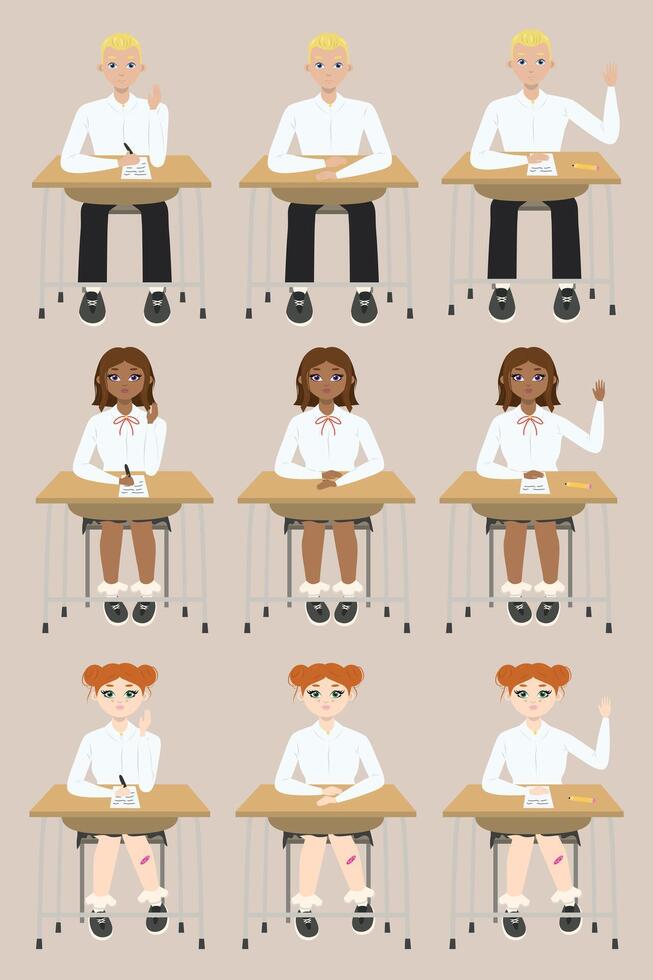 Set with two Cute girls with red and brown hair sitting at a school desk in school class with a boy w blonde hair they in different poses. Back to school edition. Flat vector